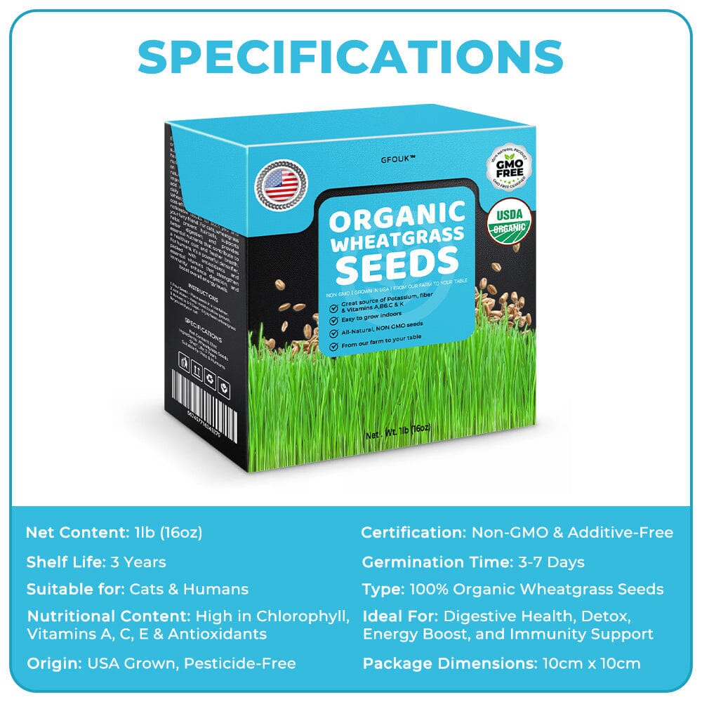 GFOUK™ Organic Wheatgrass Seeds | Non GMO | Grown in USA 🐱 from Our Farm to Your Table